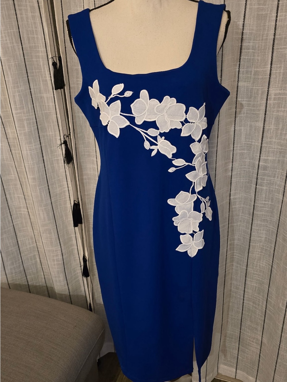 Nina Leonard Cobalt Blue Midi Dress with White Floral Applique